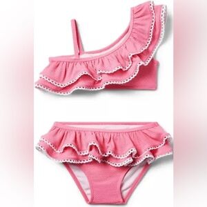 Janie and Jack Pink Ruffle Bikini Set with White Trim
